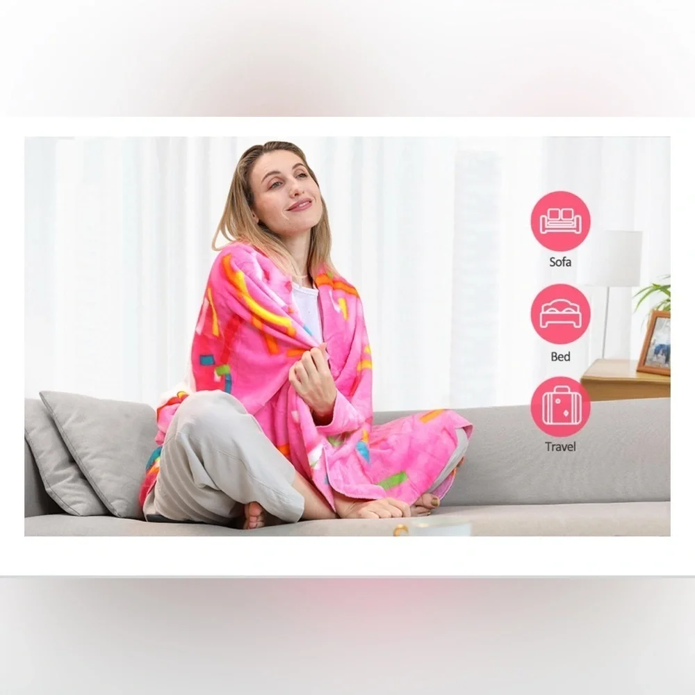 Giant Donut Throw Blanket, Double Sided, Pink, White, 71 inches